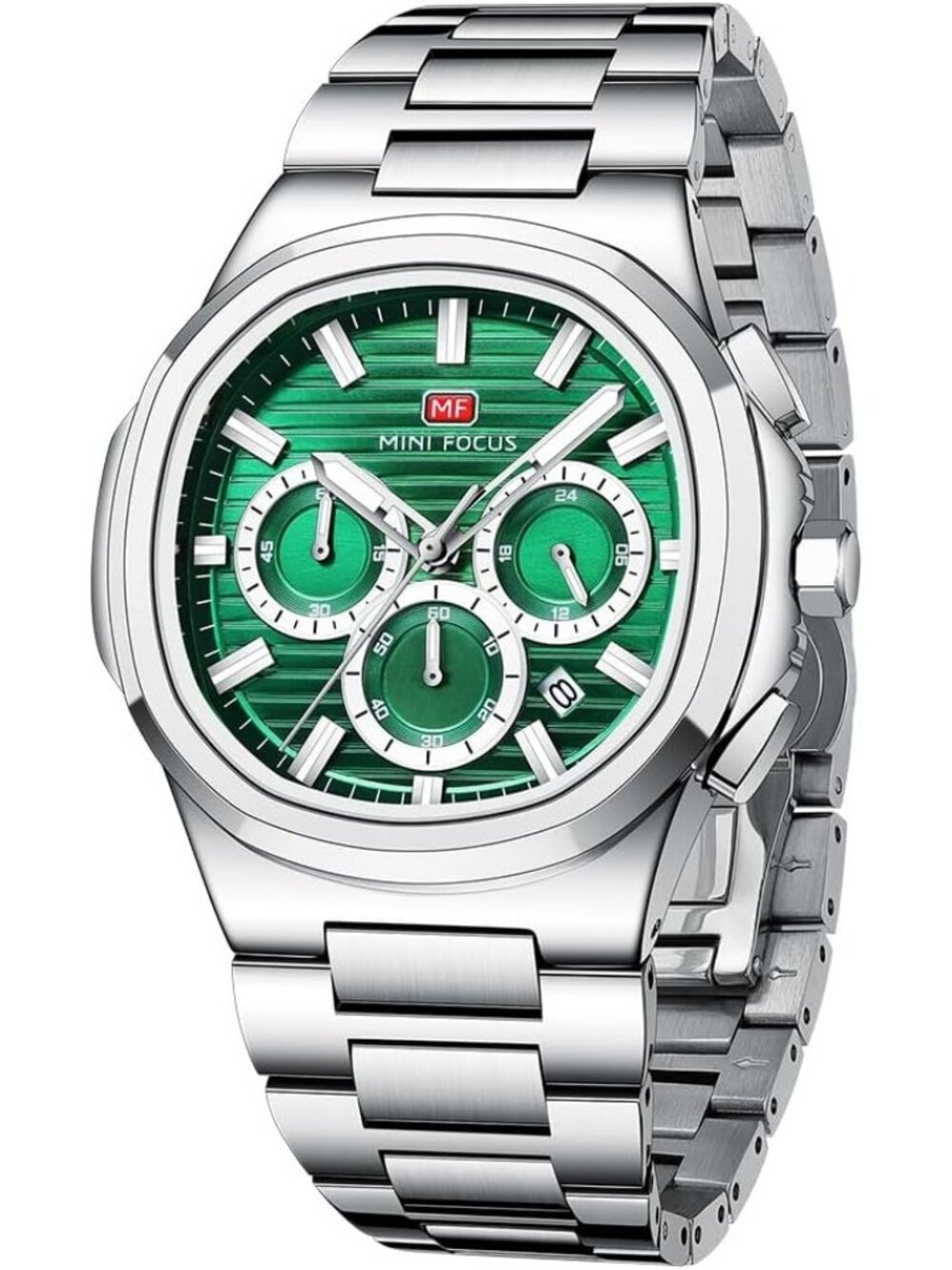 Men's Silver Green Stainless Steel Band Chronograph Waterproof Luminous Watch